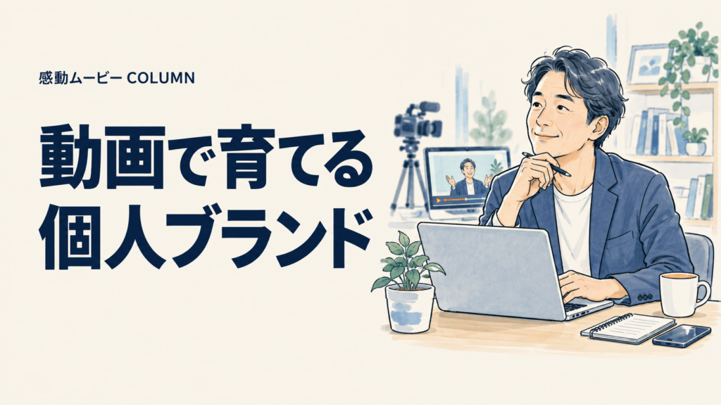 動画で育てる。個人ブランド。記事テーマを表した人物イラスト