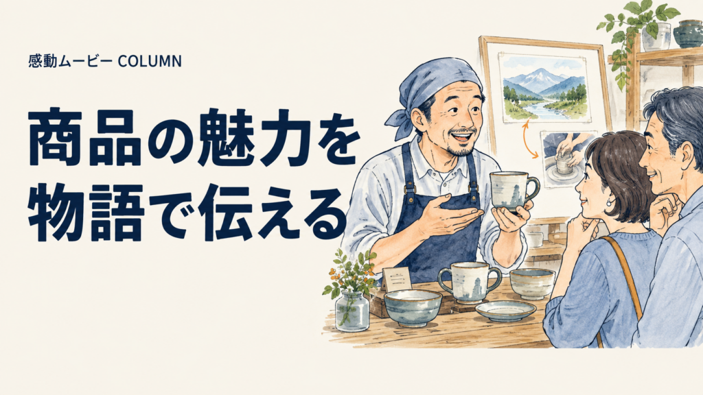 商品の魅力を。物語で伝える。記事テーマを表した人物イラスト