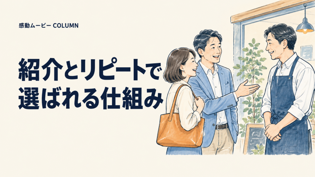 紹介とリピートで。選ばれる仕組み。記事テーマを表した人物イラスト