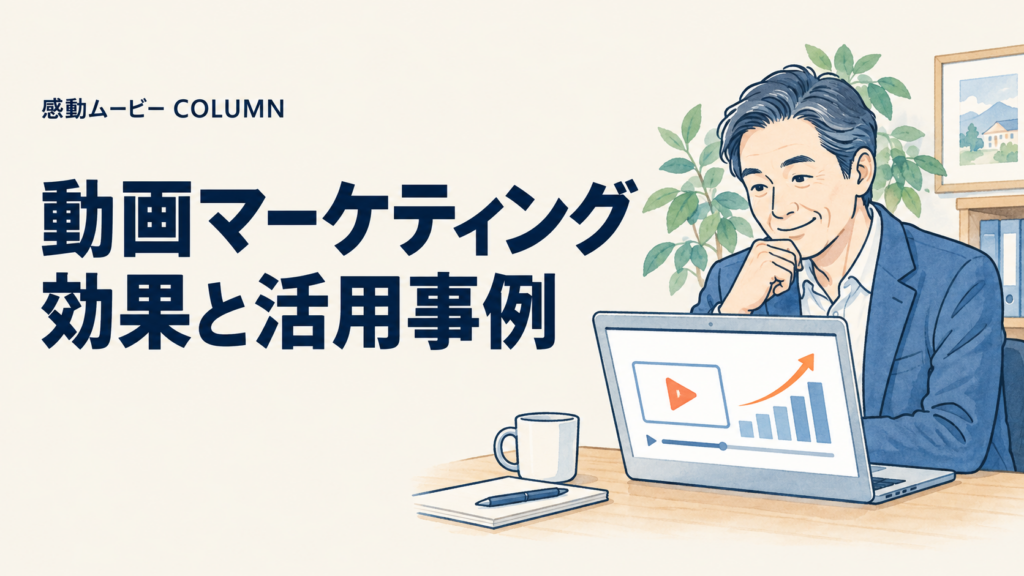 動画マーケティング。効果と活用事例。記事テーマを表した人物イラスト