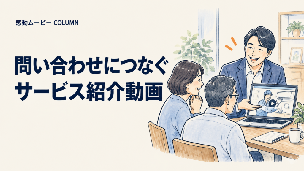 問い合わせにつなぐ。サービス紹介動画。記事テーマを表した人物イラスト