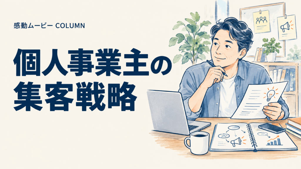 個人事業主の。集客戦略。記事テーマを表した人物イラスト