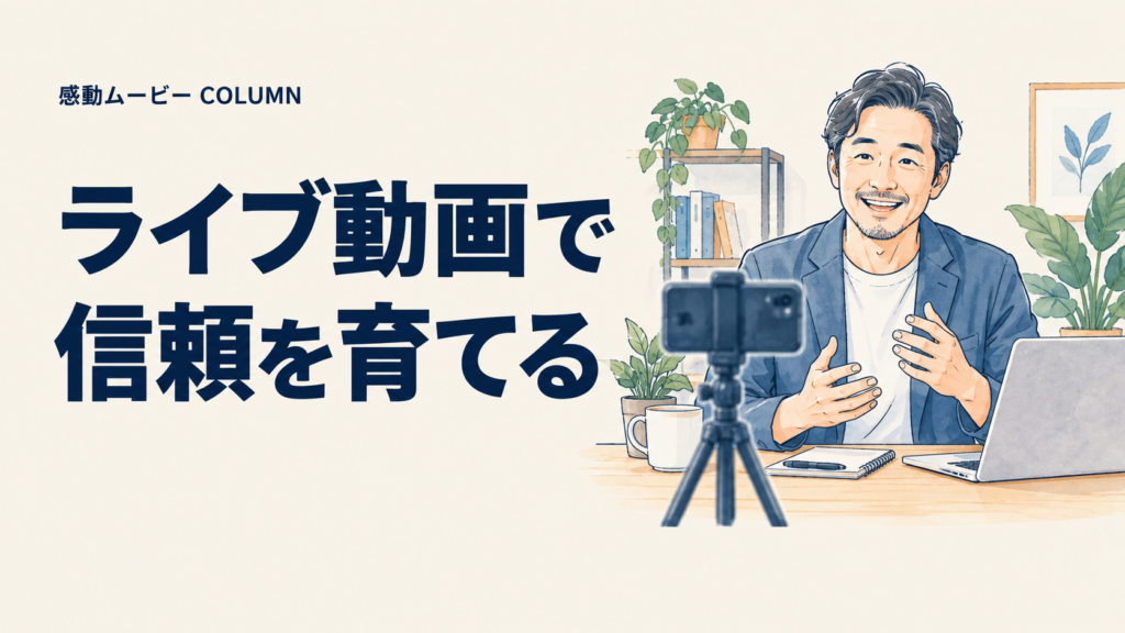ライブ動画で。信頼を育てる。記事テーマを表した人物イラスト