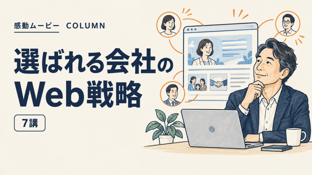 選ばれる会社のWeb戦略・7講。経営者とウェブサイトを描いたイラスト
